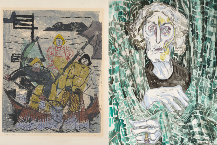 Left: Henrik Finne, Fiskere (Fishermen), (Three fishermen in a boat, hauling nets out of the sea; proof state) 1942, Colour woodcut. Right: Vanessa Baird, My Mother; (elderly female figure emerging from behind curtains) 2019, Watercolour