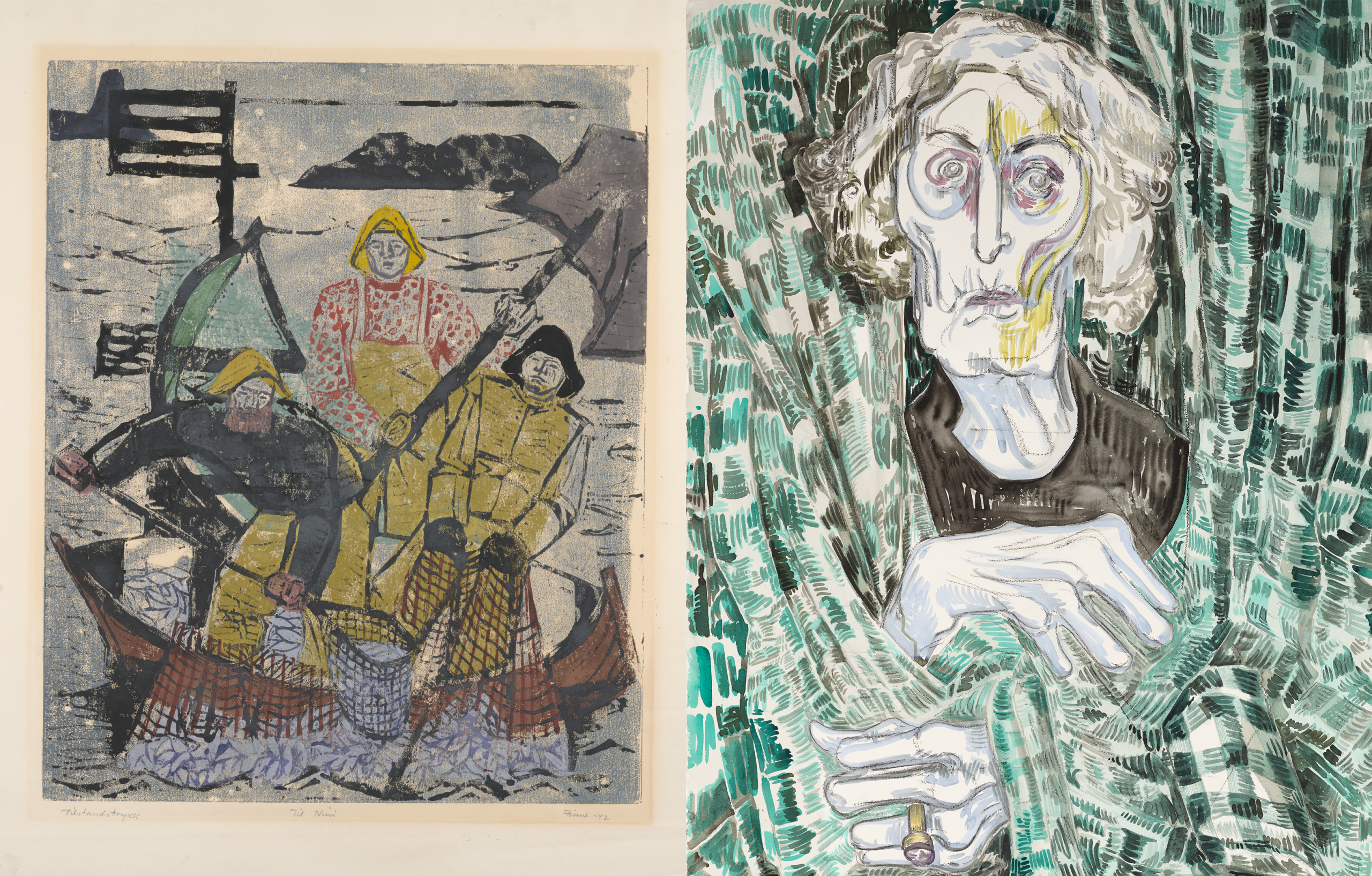 Left: Henrik Finne, Fiskere (Fishermen), (Three fishermen in a boat, hauling nets out of the sea; proof state) 1942, Colour woodcut. Right: Vanessa Baird, My Mother; (elderly female figure emerging from behind curtains) 2019, Watercolour