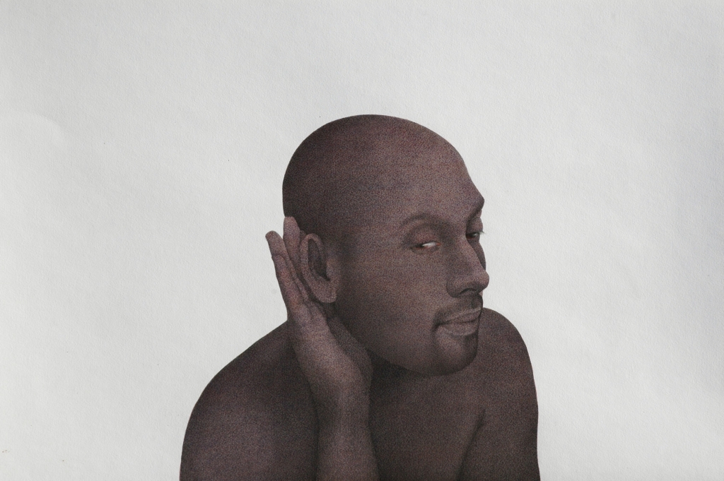 Watercolour pigments on wasli paper: a masculine black figure, with a small beard, turns his ear to the viewer and cups his hand around his ear in a gesture of listening