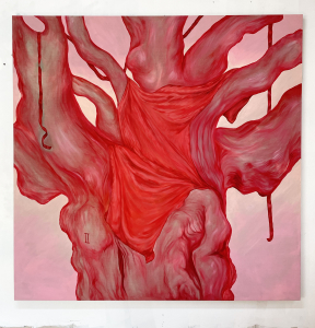 a Sylwia Narbutt painting, ribbons and fabric hang from a tree painted in red and pink