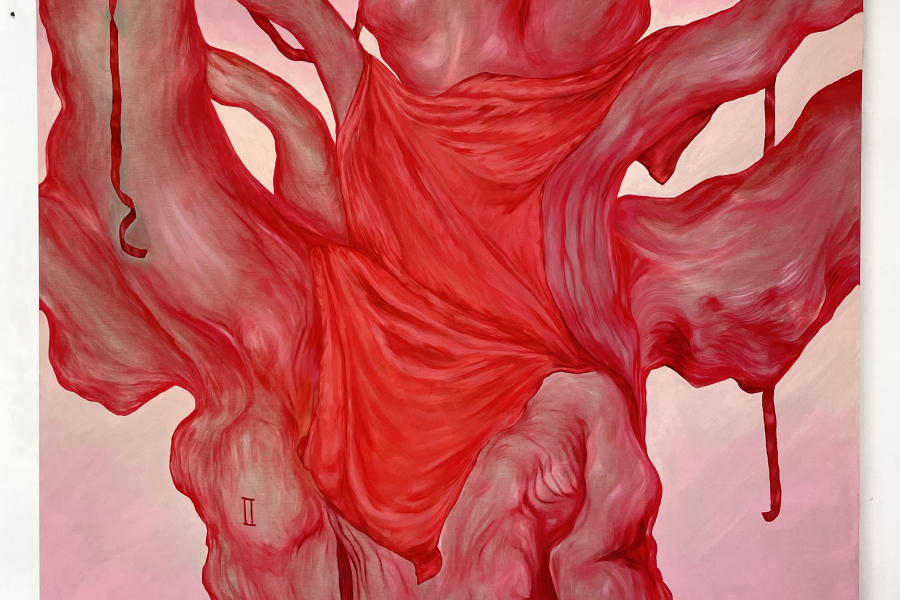 a Sylwia Narbutt painting, ribbons and fabric hang from a tree painted in red and pink
