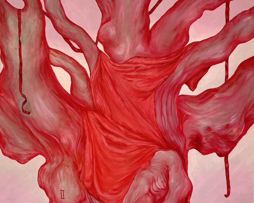 A detail of a Sylwia Narbutt painting, ribbons and fabric hang from a tree painted in red and pink